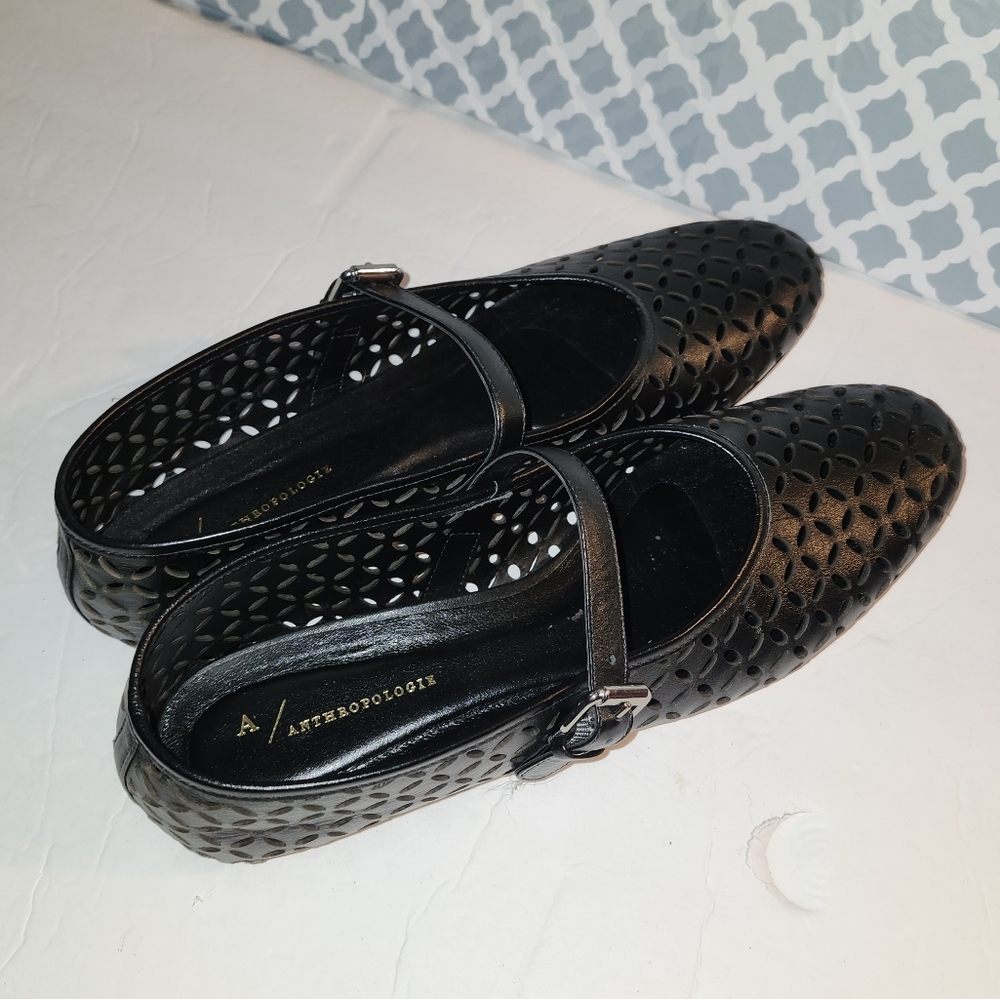 Anthropologie Black Leather Ballet Flats Women's Shoes Size 41